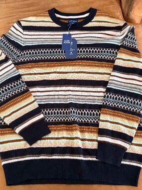 ClubRoom Mens Merino Wool Sweater Navy Tan Fair Isle Multi Striped Crewneck L